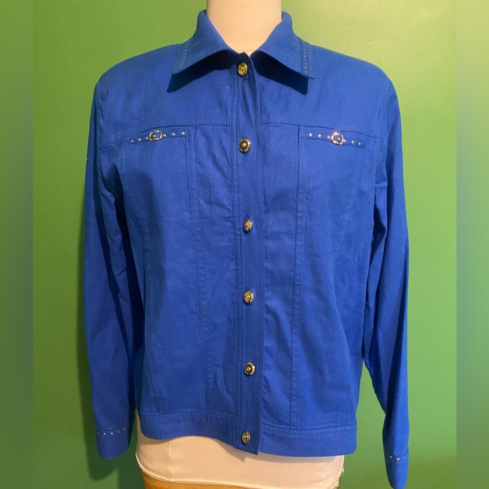 Vintagr St John Sport Marie Gray linen rayon Blue Button-Front Jacket